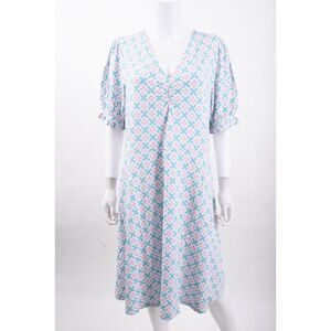 Boden Womens Jersey Dress V-Neck UK 18L US 14L Blue White Geometric D0136 NWT
